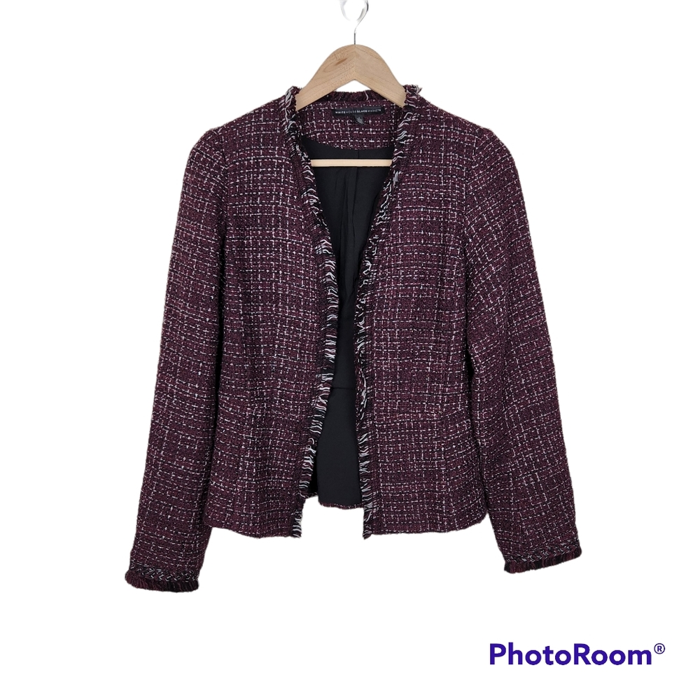 WHBM Burgundy Black Fringe Detail Tweed Blazer Jacket Sz 4